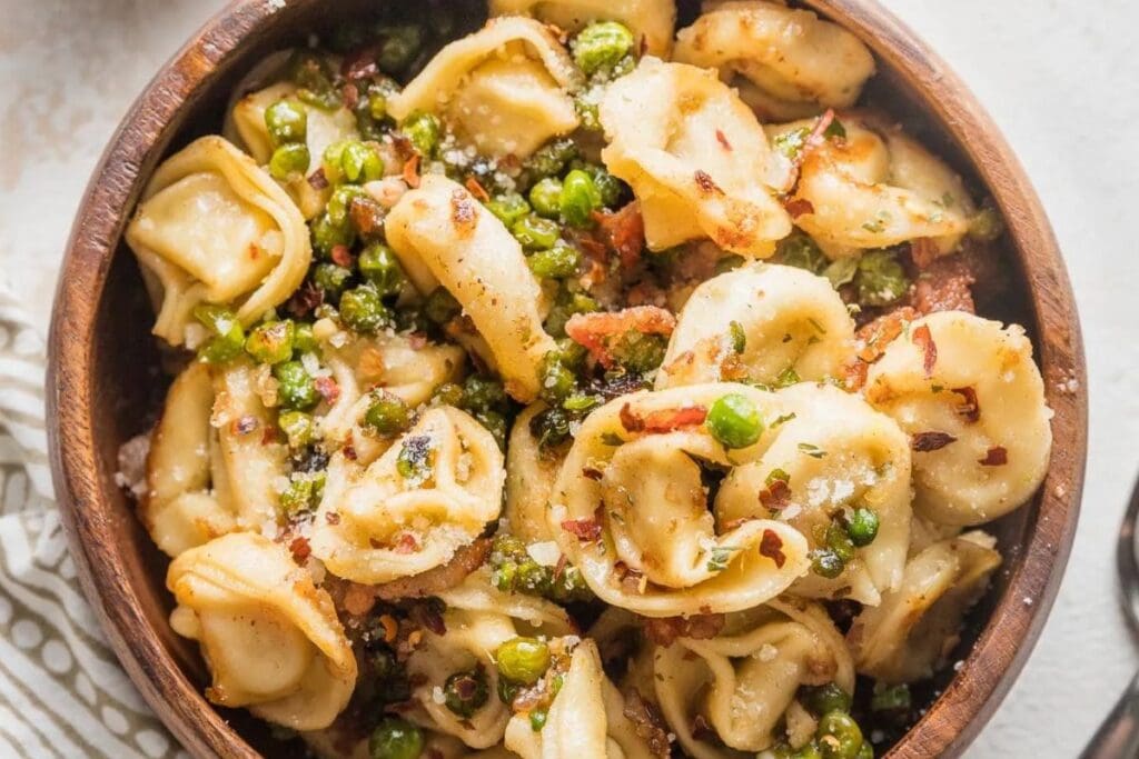 A bowl of butter bacon tortellini.