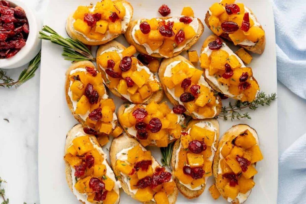 Butternut squash bruschetta on a  plate.