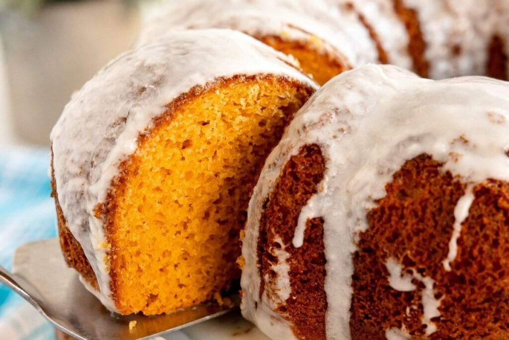 A close up shot of butterscotch bundt cake.