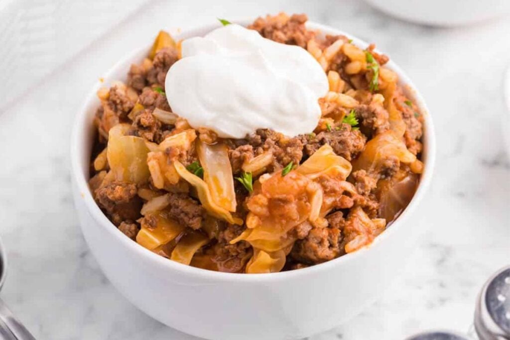 A bowl of cabbage casserole.