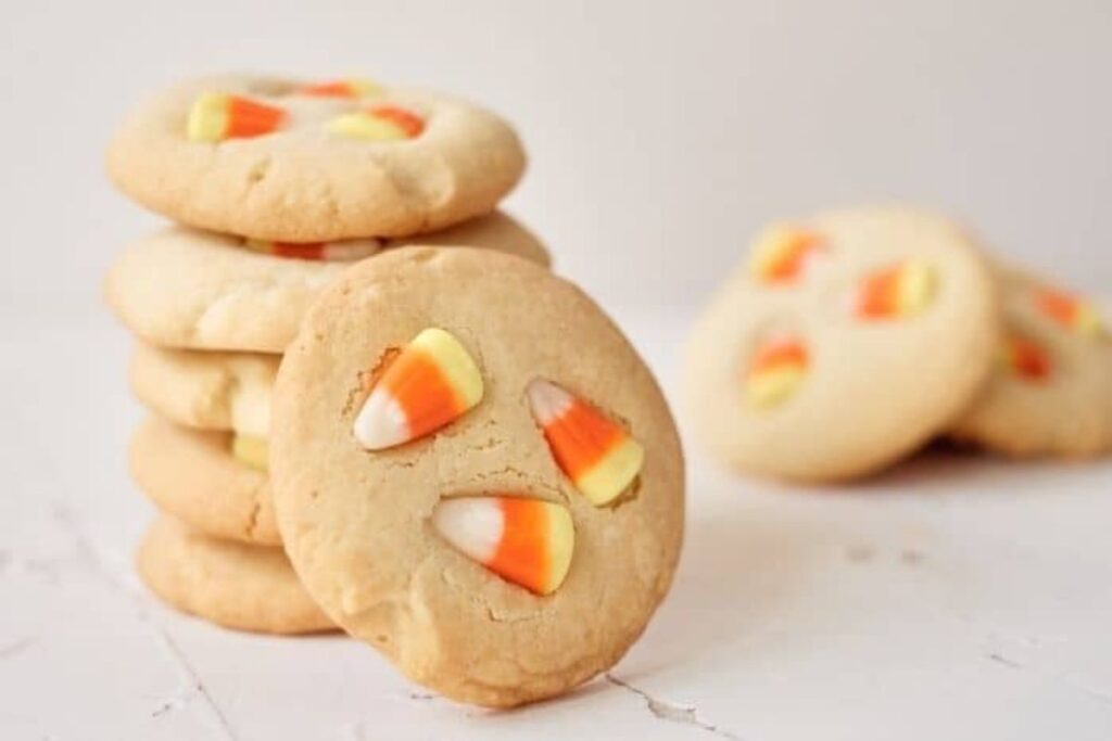 Candy corn sugar cookies close up shot.