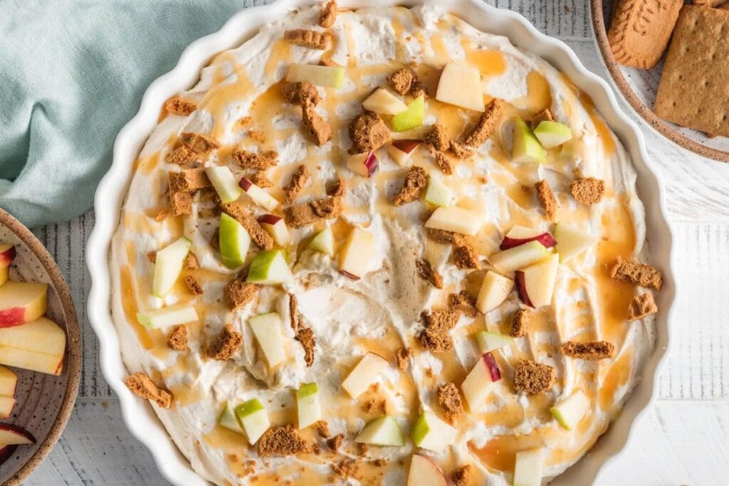 A bowl of caramel apple cheesecake dip.