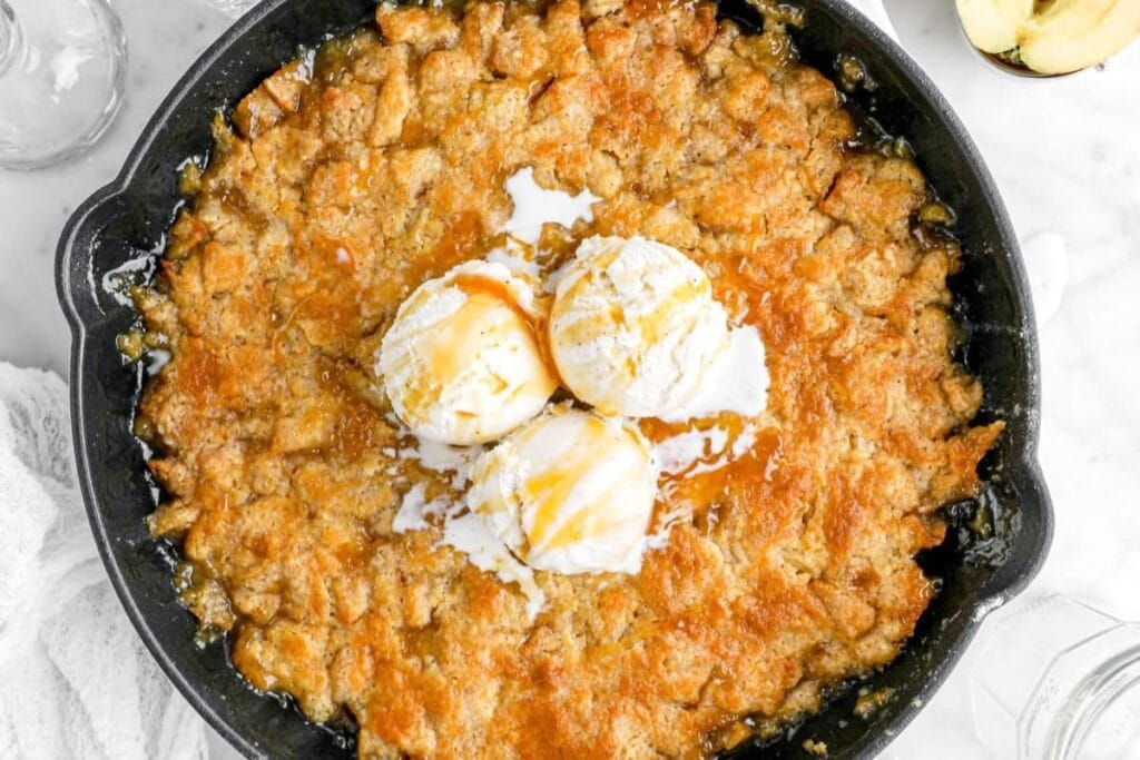 Caramel apple dump cake close up shot.