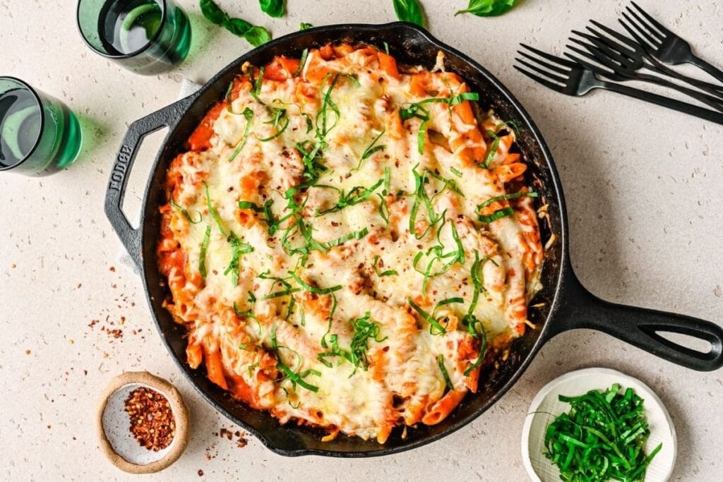 Baked ziti in cast iron.