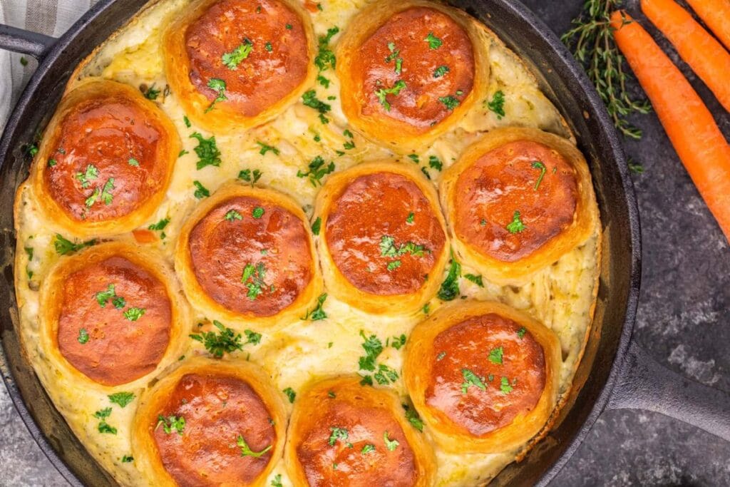 Chicken pot pie close up shot.