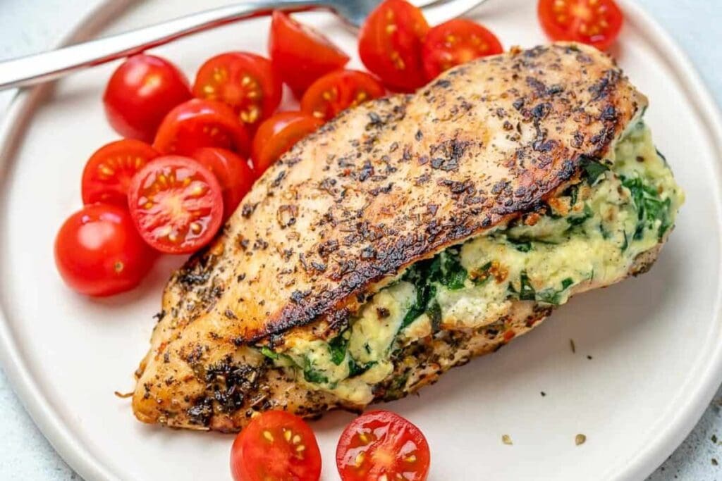 A close up shot of stuffed chicken on a plate.