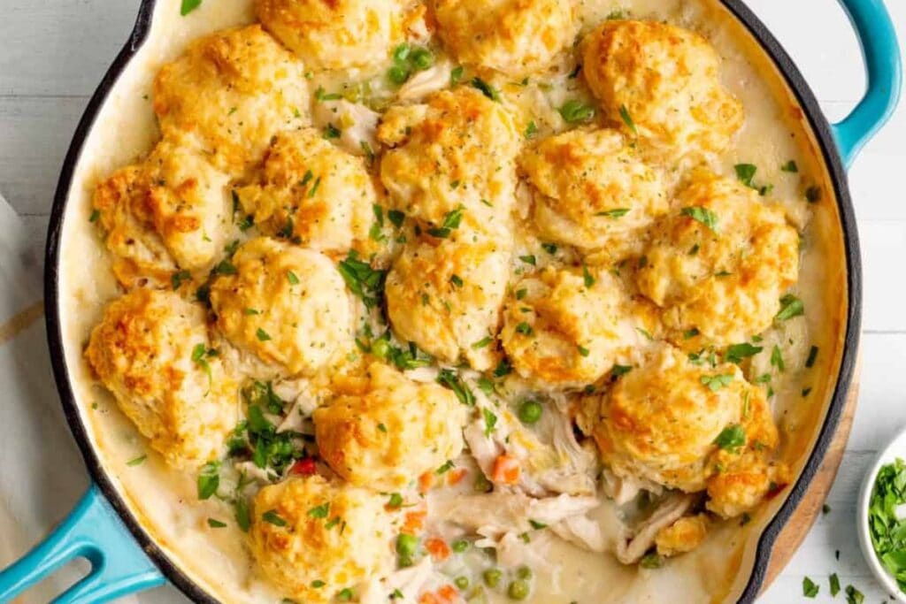 Chicken cobbler in a pan.