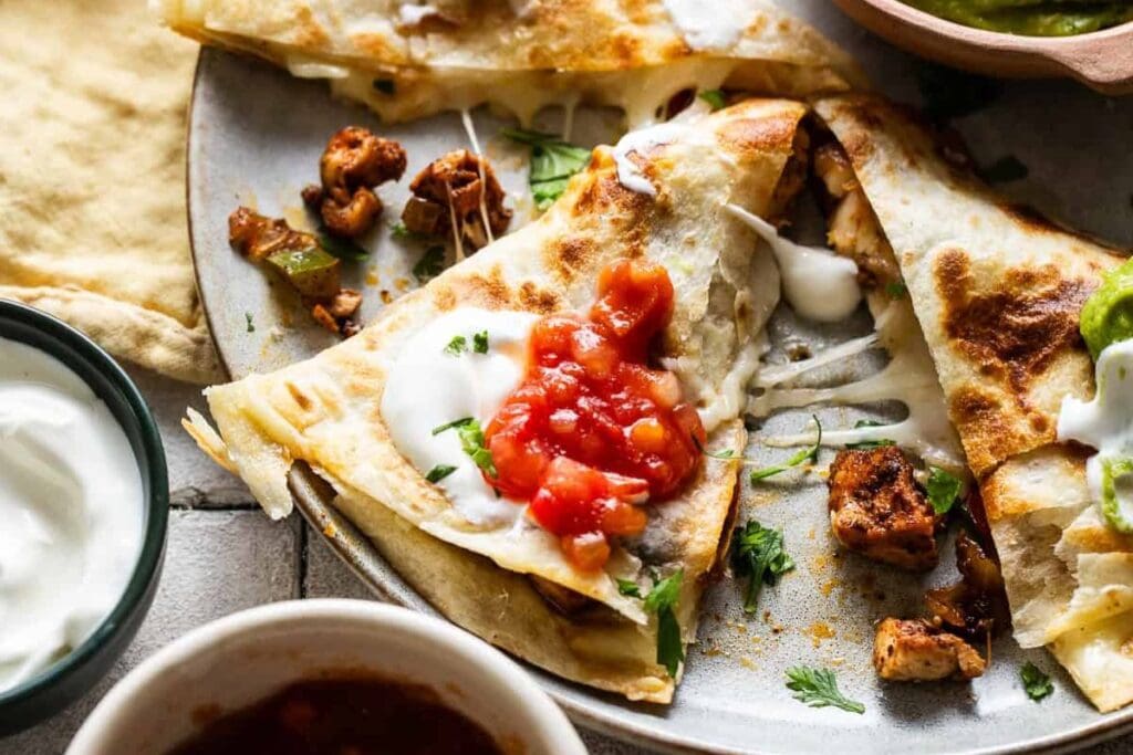 Chicken fajita quesadilla close up shot.