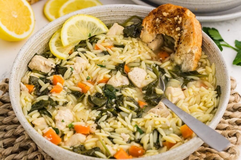 A bowl of chicken orzo soup.