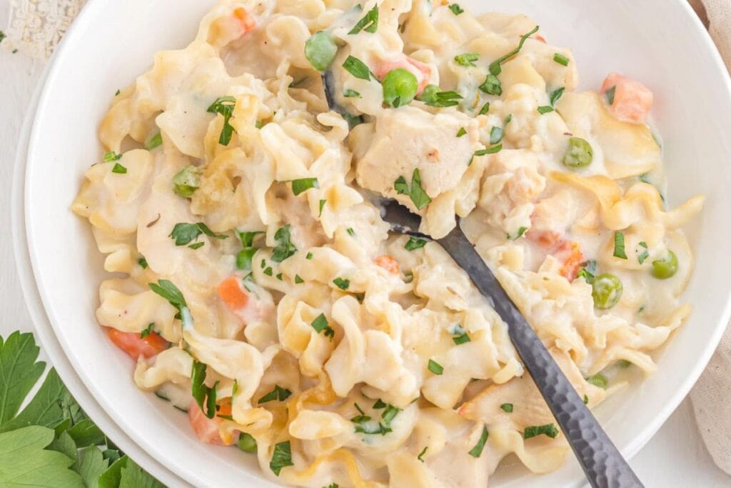 A bowl of chicken noodle casserole.