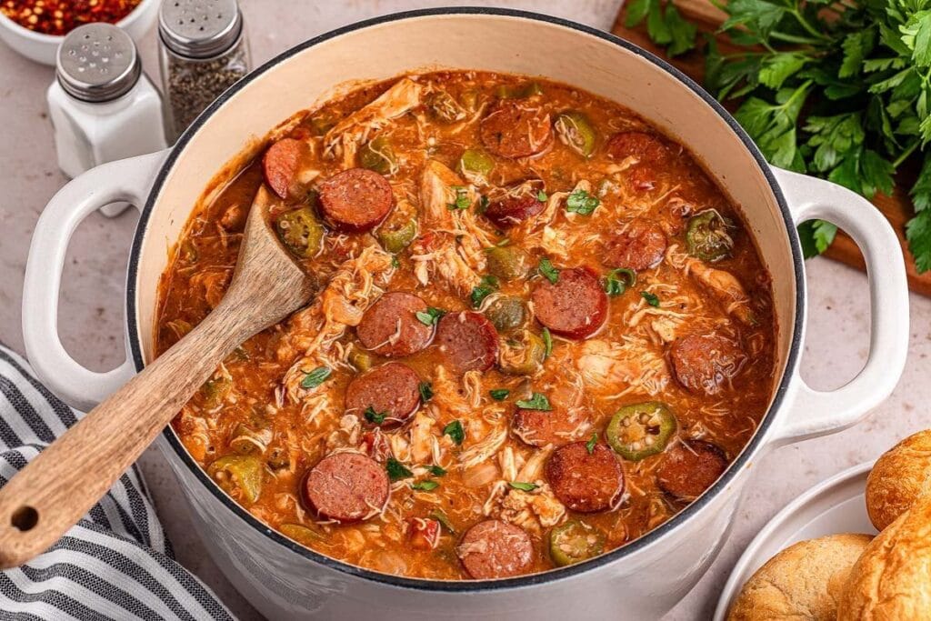 Close up shot of chicken and sausage gumbo in a pot.