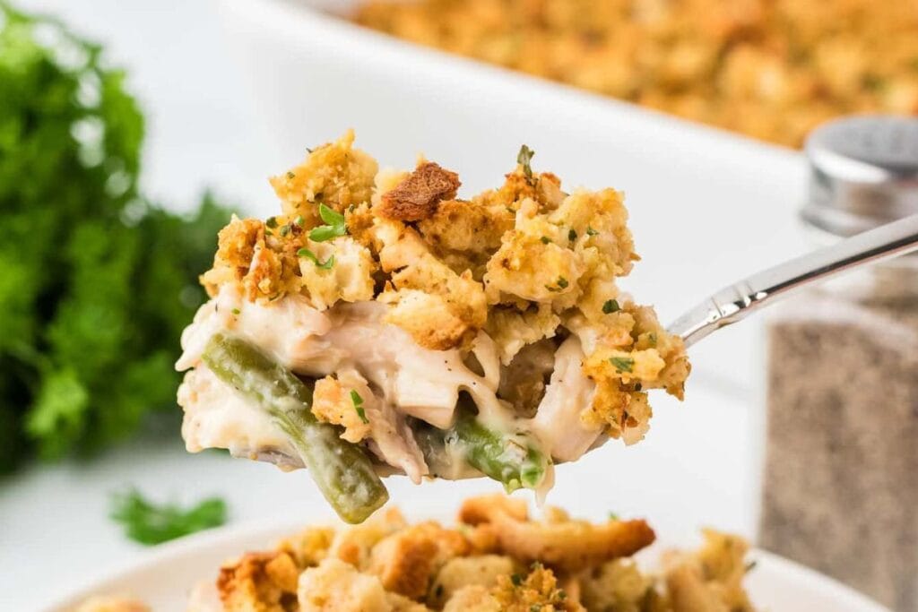 Spoonful of chicken and stuffing casserole.