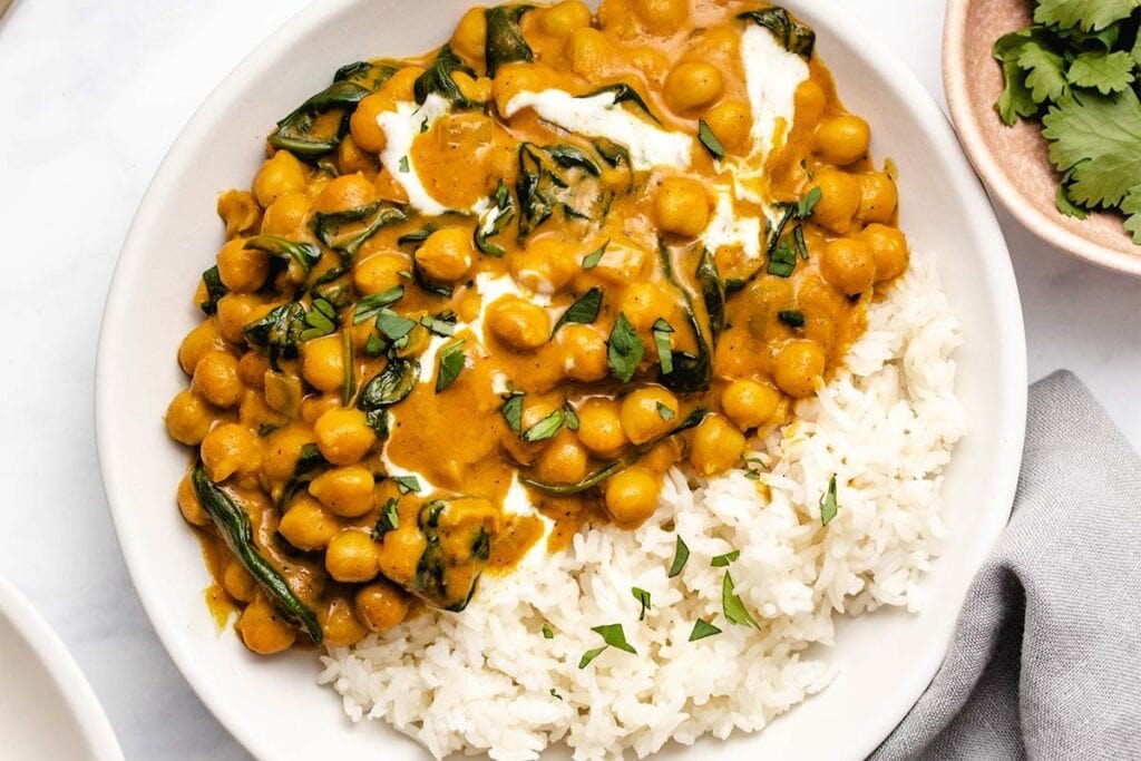 Chickpea and rice on a plate.