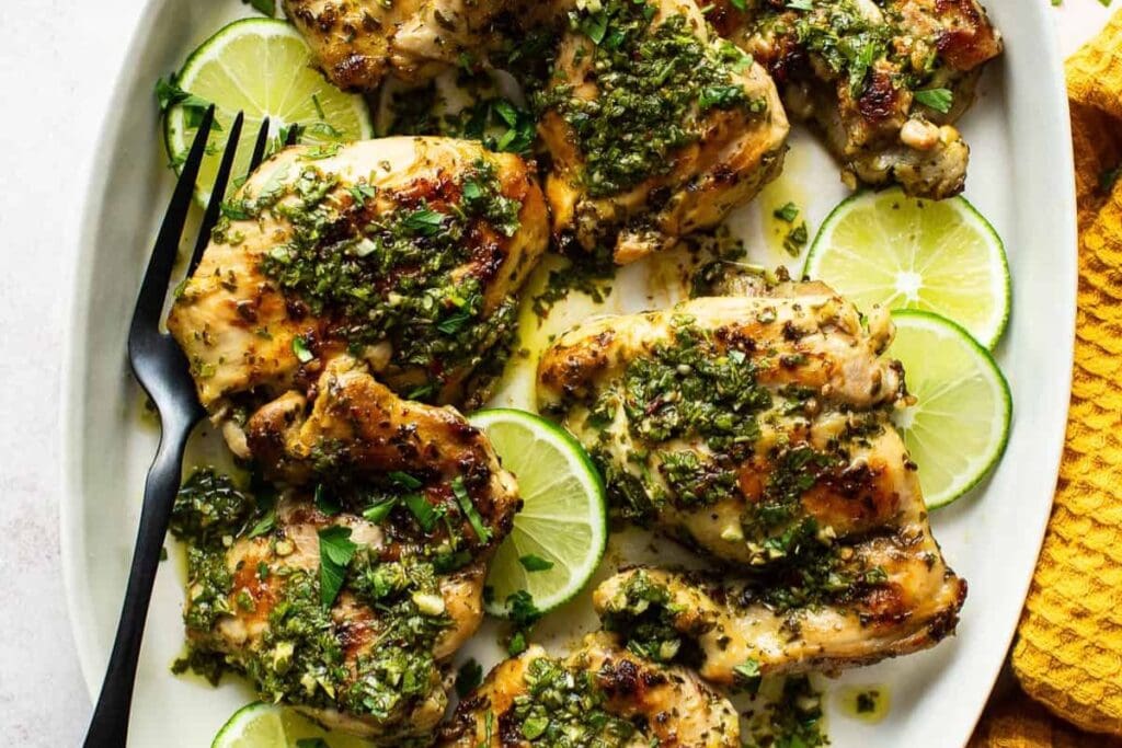 Chimichurri chicken close up shot.