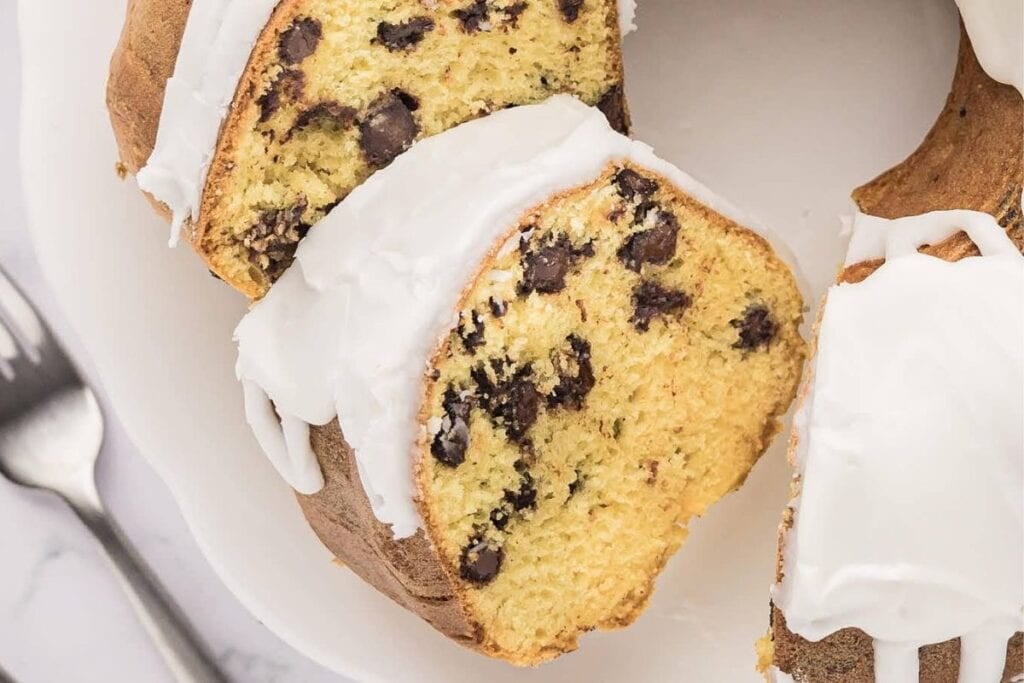 Slices of chocolate chip bundt cake.