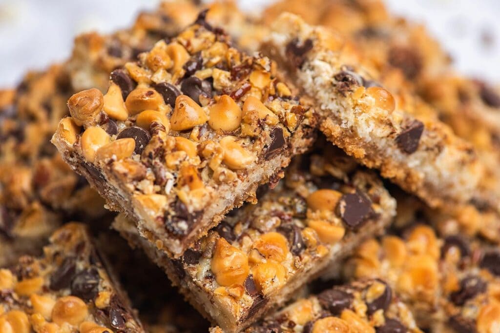 Close up shot of chocolate coconut bars.