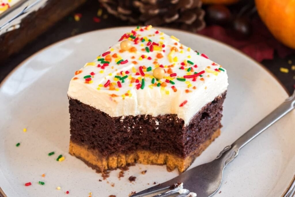 A slice of chocolate cake on a plate.