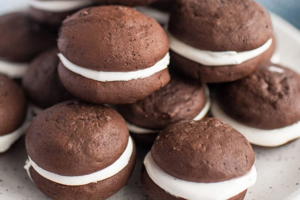 Chocolate whoopie pies close up shot.