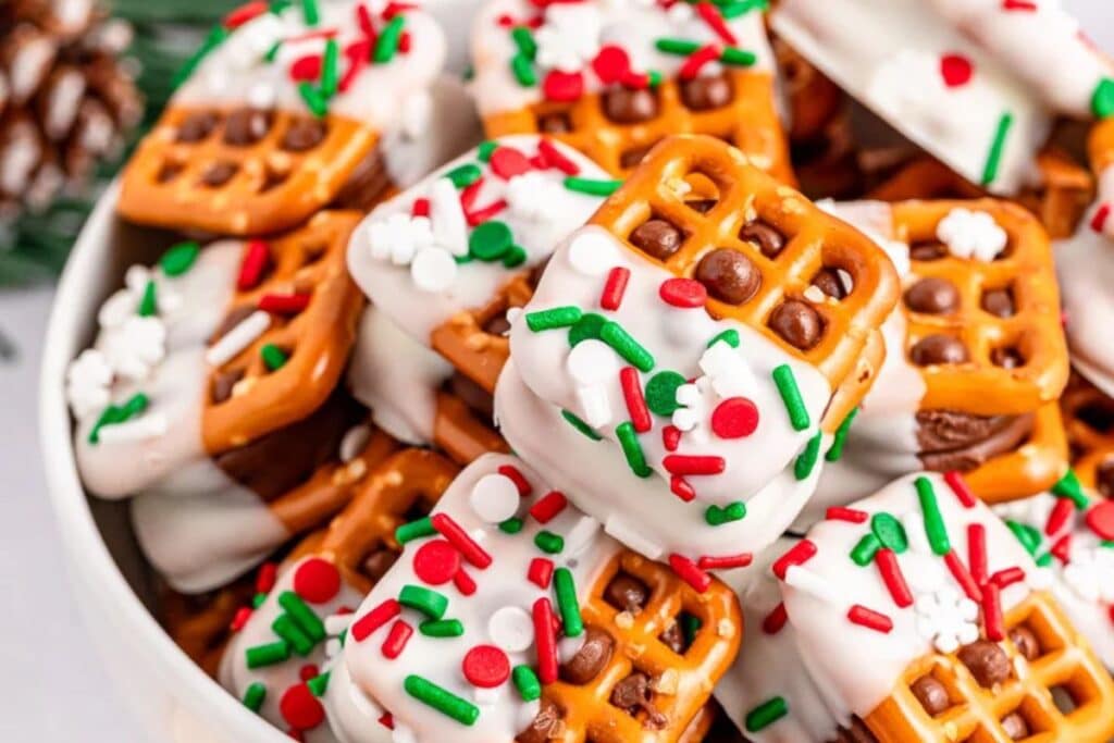 A bowl of Christmas rolo prezels.