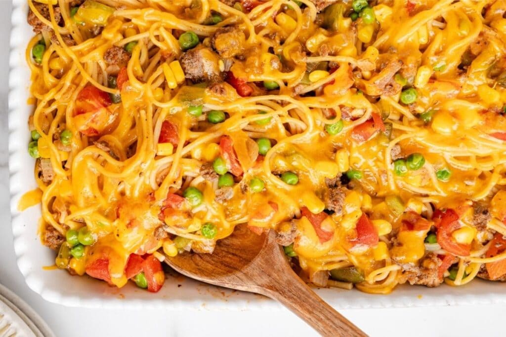 A close up shot of spaghetti casserole.