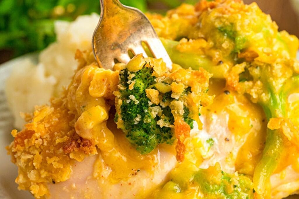 Close up shot of broccoli cheddar chicken.
