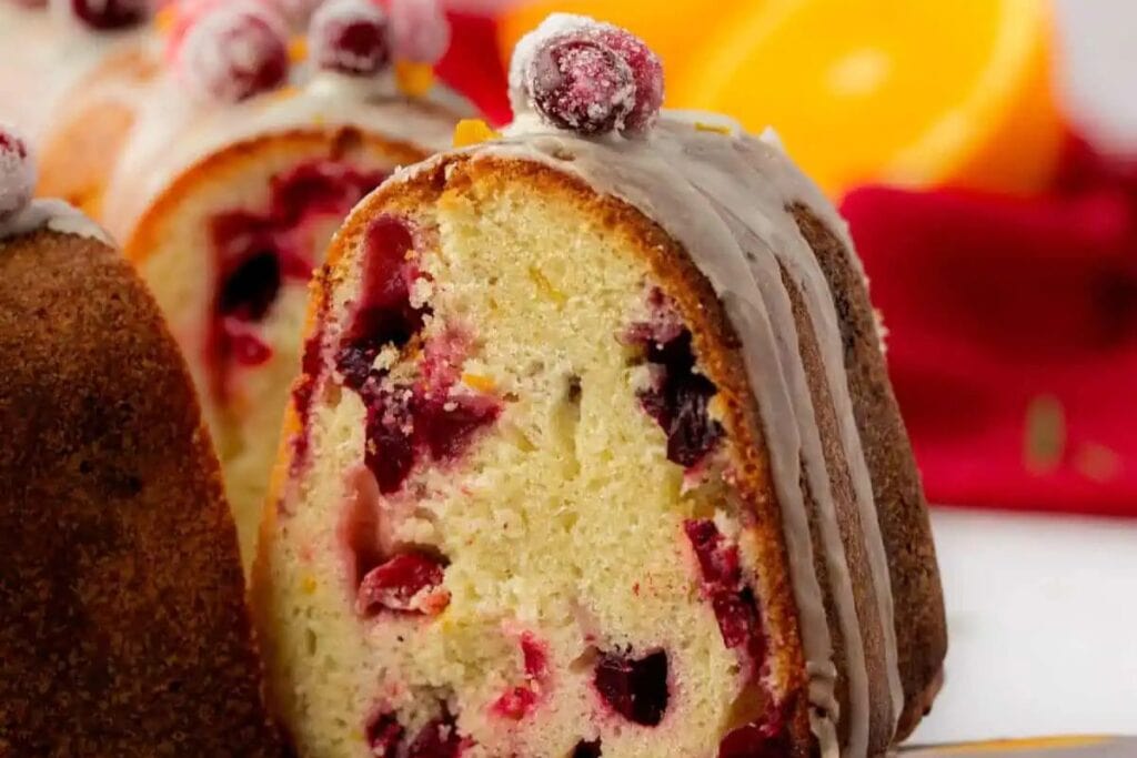A close up shot of cranberry bundt cake.