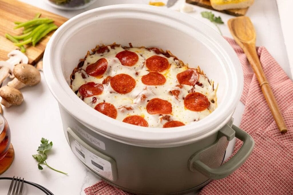 Crockpot pizza close up shot.
