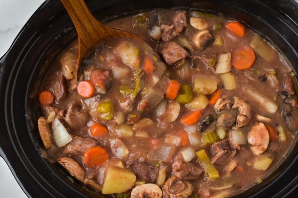 Crockpot beef stew close up shot.