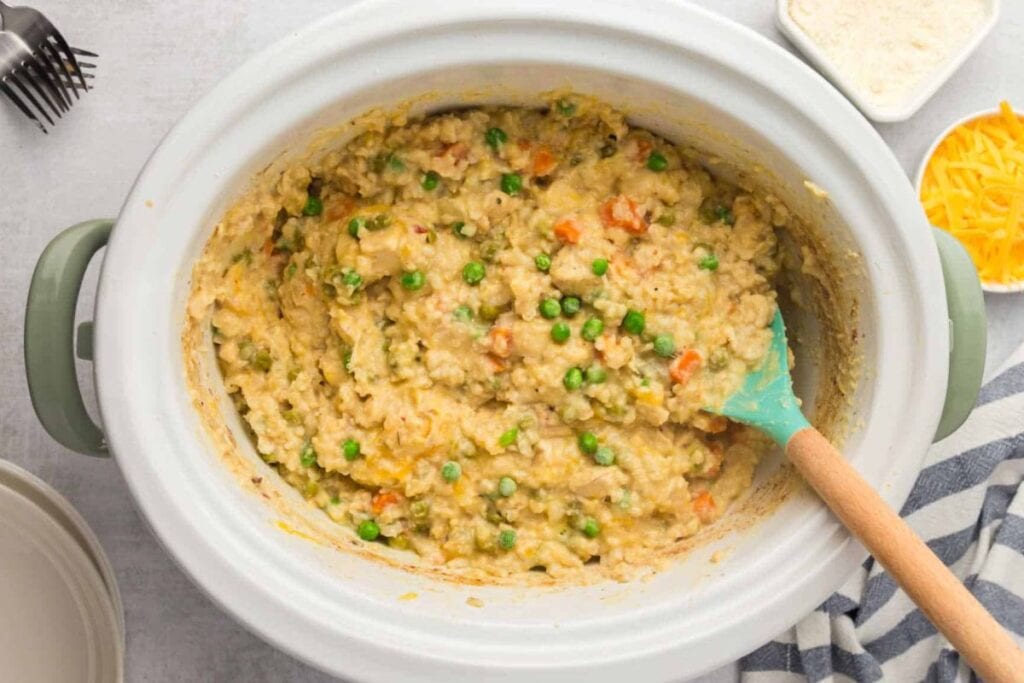 Chicken and rice in crockpot.