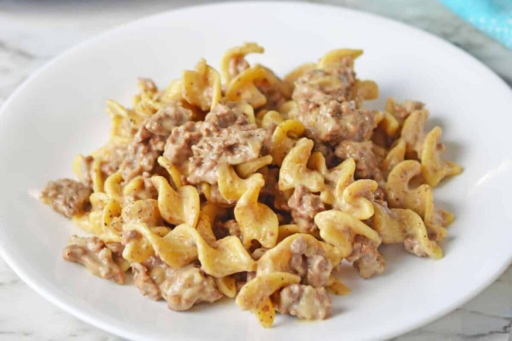 Ground beef stroganoff on a plate.