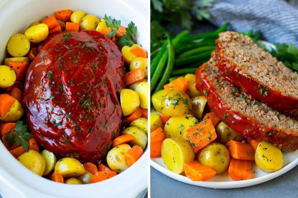 Meatloaf with potatoes and carrots.
