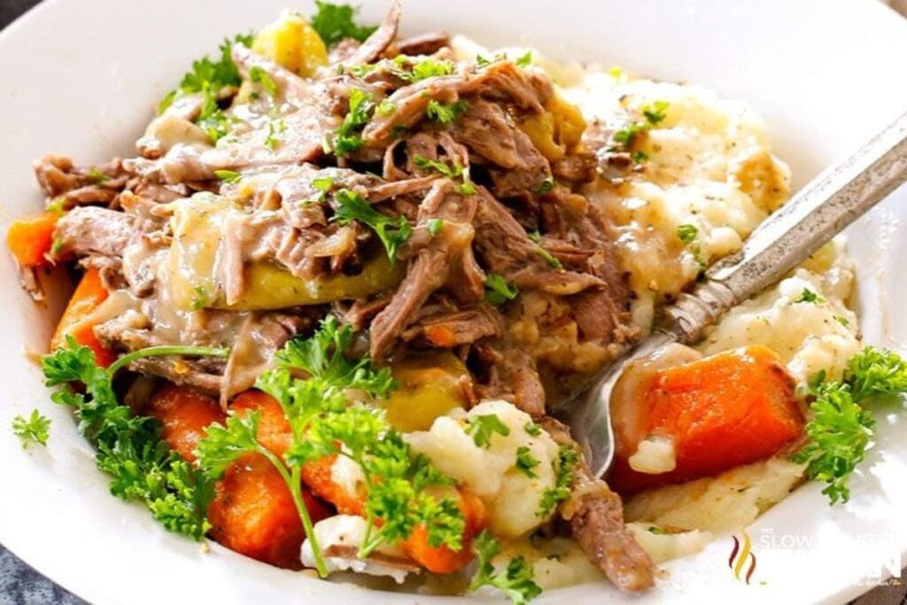 Pot roast in a bowl.