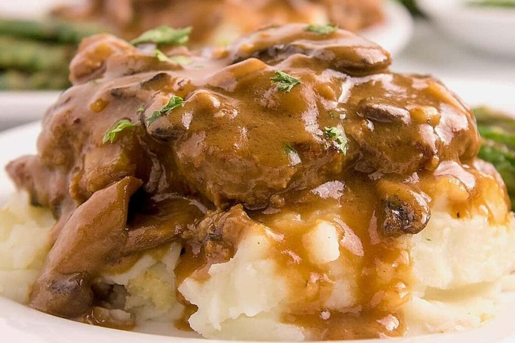 Salisbury steak close up shot.