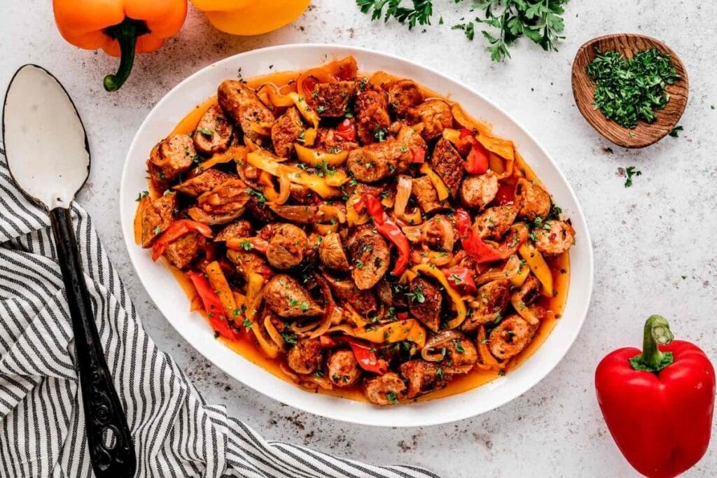 Sausage peppers and onions on a big plate.