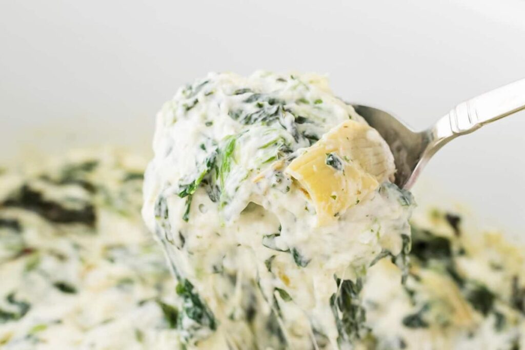 Close up shot of spinach dip.