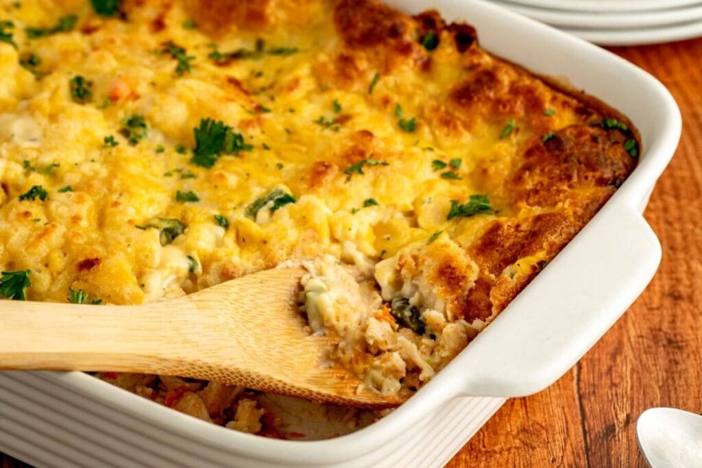 Chicken cobbler in a white dish.