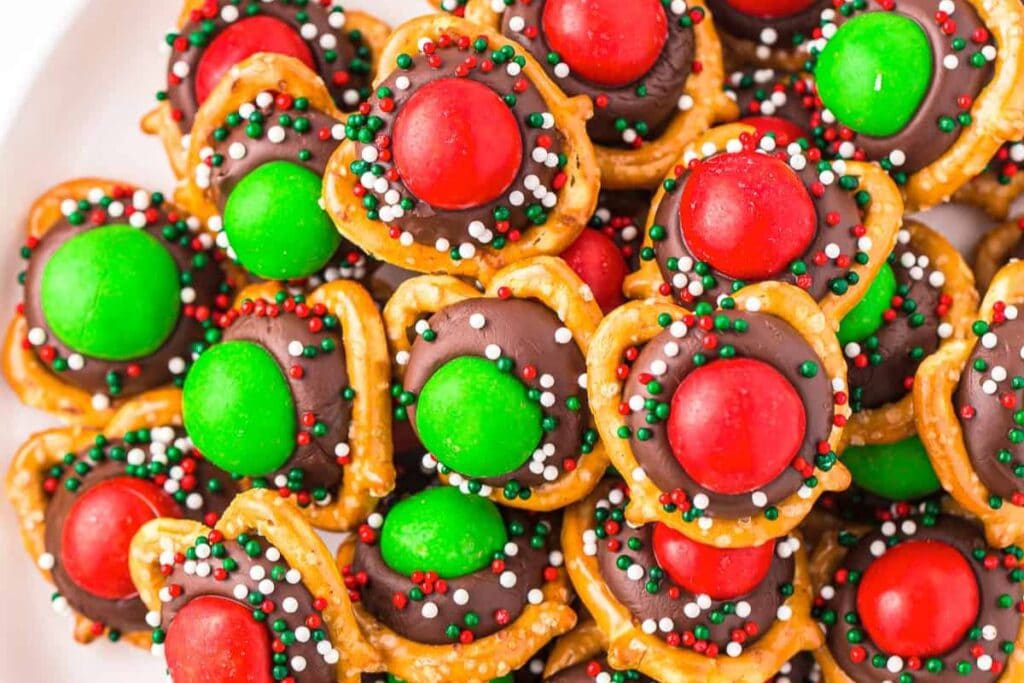 Close up shot of Christmas pretzels.