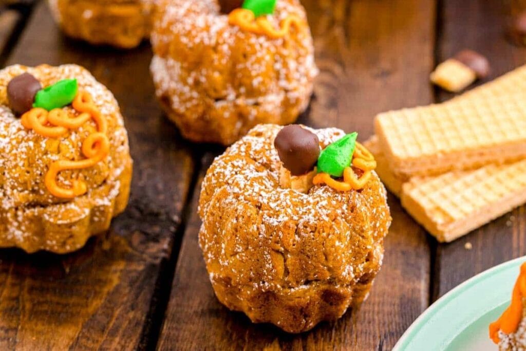 Close up shot of mini pumpkin bundt cakes.