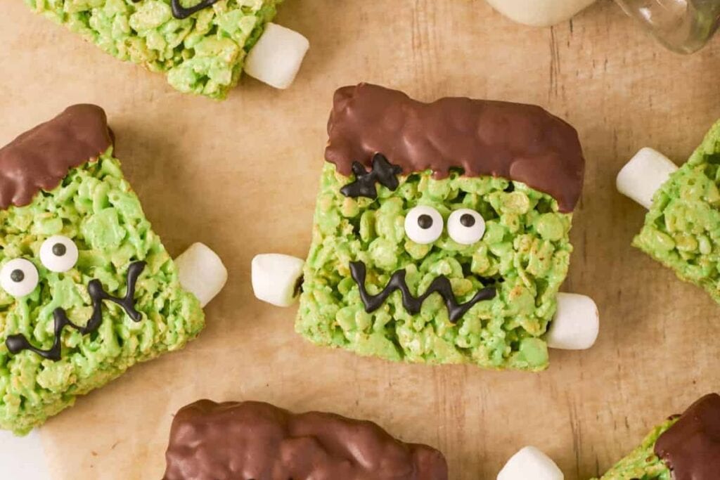 Frankenstein rice krispies close up shot.
