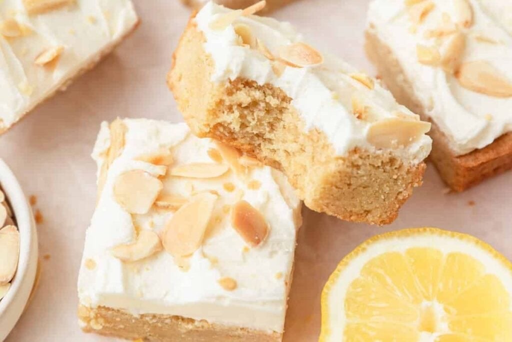 Lemon sugar cookie bars close up shot.