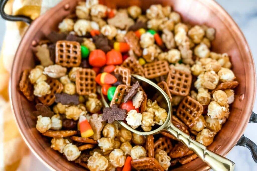 Snack mix in a bowl.