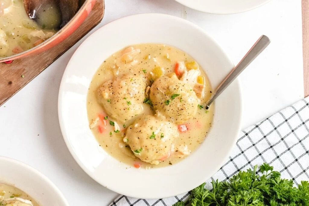 A bowl of chicken and dumplings.