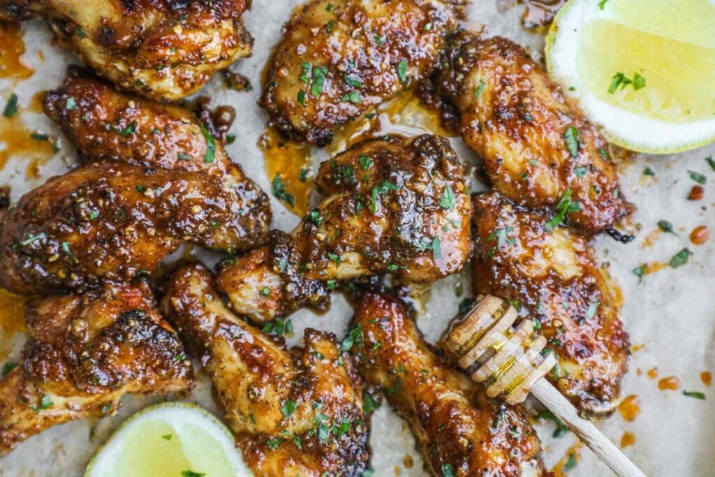Chicken wings with sliced lemons.