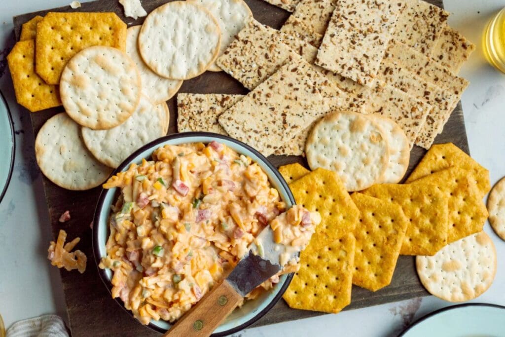 Jalapeno pimiento cheese spread close up shot.