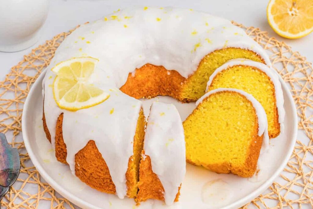 Lemon bundt cake close up shot.