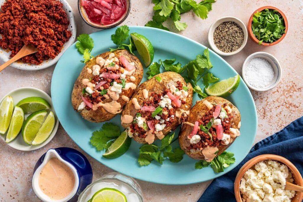 Chorizo baked potato on a plate.