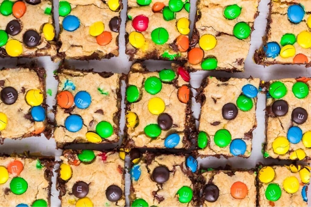M&M cookie bars close up shot.