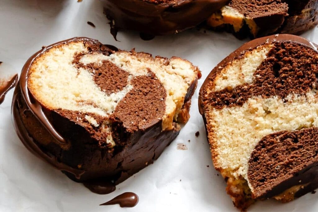 Slices of marble bundt cake.