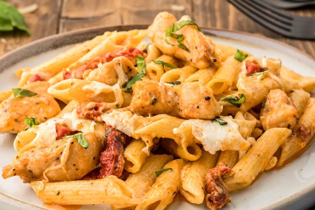 Chicken pasta bake close up shot.