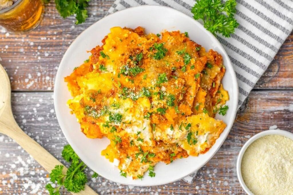 Ravioli casserole on a plate.